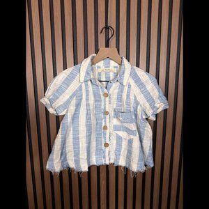 Free People Shirt XS Womens Blue White Frayed Button Down Linen Blend Pocket